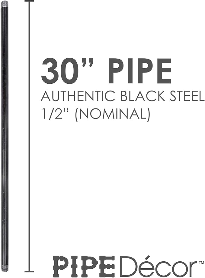 PIPE DÉCOR 1/2” x 30” Malleable Cast Iron Pipe Nipple, Pre Cut Connectors, Industrial Steel Grey Fits Standard Half Inch Black Threaded Pipes Nipples and Fittings, Build Vintage DIY Furniture, 4 Pack
