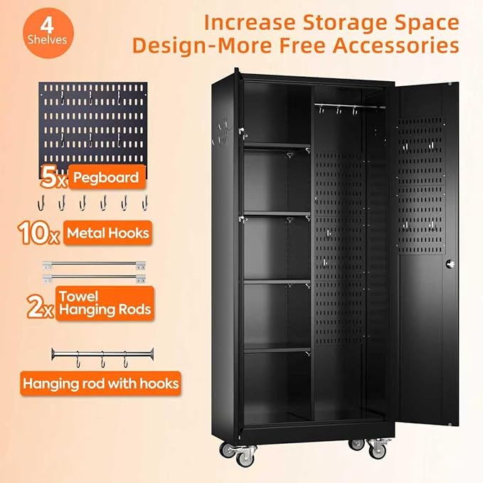 Garage Storage Cabinet with Wheels and 5 Pegboard, Metal Storage Cabinets with 2 Doors and 4 Shelves, Broom Closet Storage Cabinet with Hanging Rod and 13 Hooks, 70.87" Hx33.5 Wx17.7 D, Black