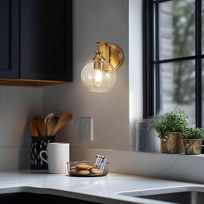 ANDY STAR Brushed Gold Bathroom Light Fixtures, Brass Vanity Lights for Mirror, 1-Light Bathroom Wall Sconces Lighting with Globe Clear Shade Up or Down Wall Mounted for Kitchen, Living Room, Hallway