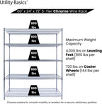 60"x24"x72" Chrome 5-Tier PREMIUM Wire Shelving NSF 4000 LBS MAX CAPACITY Heavy Duty Steel Storage Rack for Warehouses, Garages, Hospitals, Commercial Spaces, & Schools w/PREMIUM WHEELS