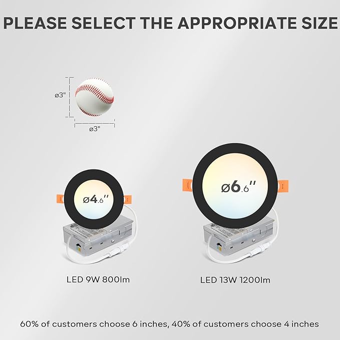 LVWIT Ultra-Thin Recessed Lighting 6 Inch with Junction Box, 1200LM 2700K-5000K 5CCT LED Ceiling Lights, Dimmable Canless Wafer Downlight, ETL,FCC&IC, Smooth Trim, 6 Pack Black