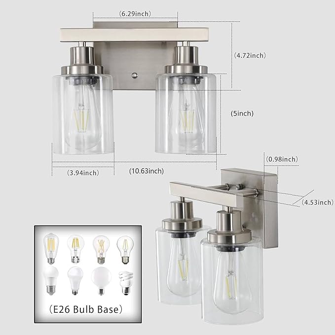 Bathroom Vanity Light, 2-Light Nickel Modern Matte Wall Sconce Lighting with Clear Glass Shade, Wall Lights,Bath Vintage Wall Mounted Lamps for Mirror Bedroom Living Room