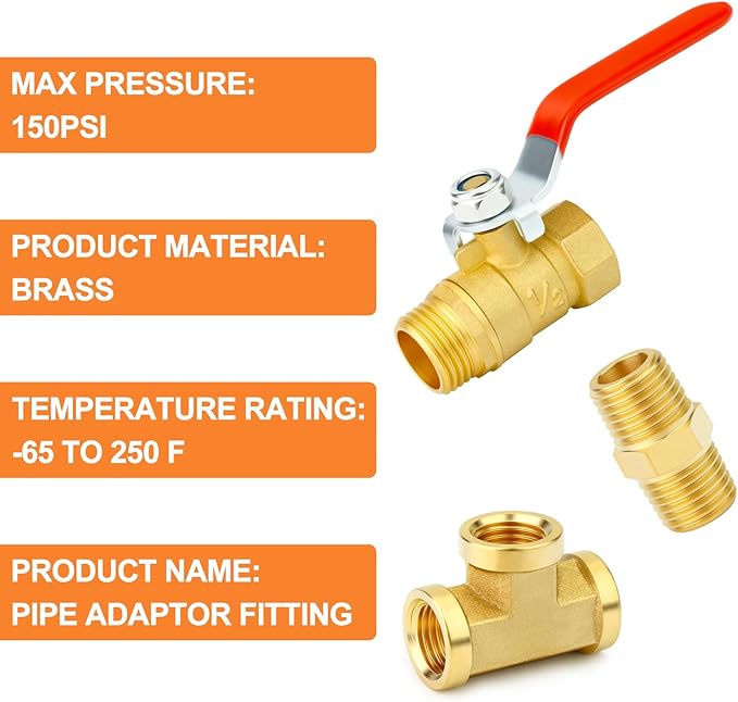 GASHER 6PCS 1/2 Inch NPT Brass Pipe Fitting, Ball Valve, Barstock Tee Brass Pipe Fitting and Air Hose Fitings