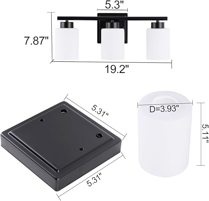 3 Light Bathroom Light Fixtures, 19.2 Inches Vanity Lights for Mirror, Black Vanity Lighting Fixtures with Milky White Glass Shades