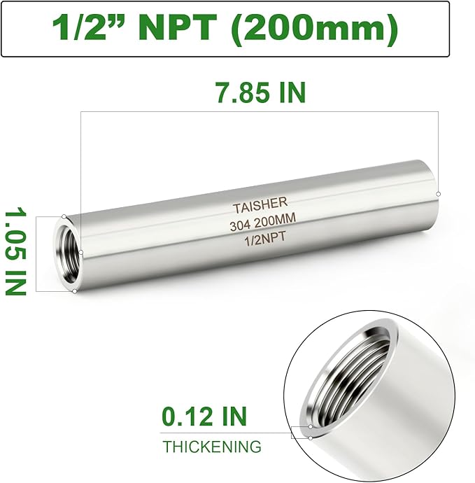 TAISHER 2PCS Stainless Steel Pipe Fittings, 1/2" NPT Female x 1/2" NPT Female Threaded, 8" Length Thickened Nipple Cast Pipe