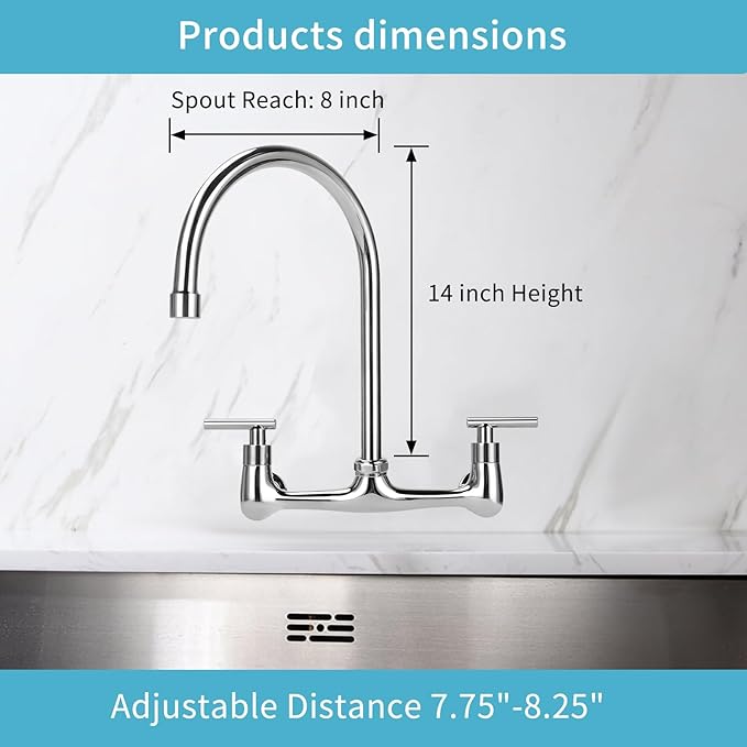 Wall Mount Kitchen Faucet with 8" Gooseneck Swivel Spout, 8 Inch Center Commercial Kitchen Sink Faucet 2 Handle Wall Mount Utility Sink Faucet for Kitchen Restaurant Compartment Sink