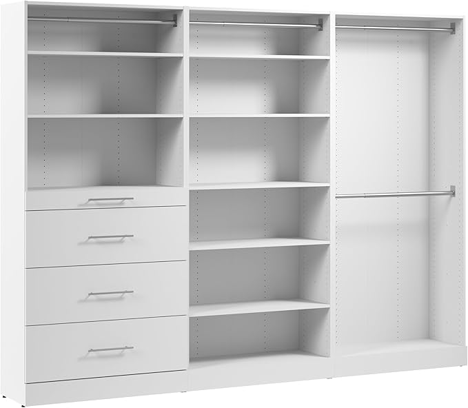 Bestar 107W x 16D Modular Closet Organizer System, Walk-in Closet with Rods, Shelves, and Drawers, Slab Style, Florence Collection, White