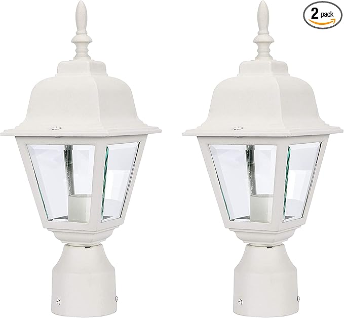 LIT-PaTH Outdoor Post Lighting Fixture Pole Lantern, E26 Medium Base Max 60W, Aluminum Housing Plus Clear Glass, Bulb Not Included, Matte White Finish, 2-Pack