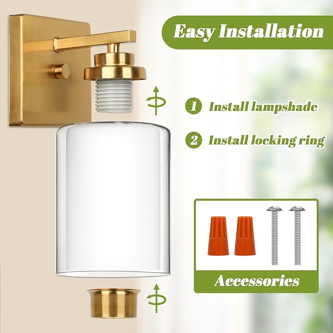 Set of 2 Wall Sconces for Bathroom, Modern Vanity Light Fixtures, Gold Wall Mount Lighting Lanterns, Farmhouse Wall Lights with Double Clear Glass Shade for Bedroom Living Room Mirror Hallway