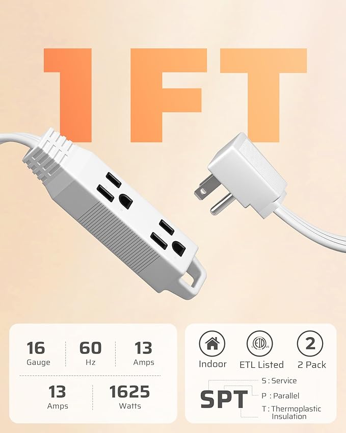 DEWENWILS 3 Outlet Extension Cord with Flat Plug, 1FT 16/3 Awg Grounded Power Cable for Indoor Use, SPT-3 Cord, White, ETL Listed, 2 Pack