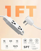 DEWENWILS 3 Outlet Extension Cord with Flat Plug, 1FT 16/3 Awg Grounded Power Cable for Indoor Use, SPT-3 Cord, White, ETL Listed, 2 Pack