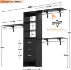 8FT Closet System, 96'' Closet Organizer System with 3 Hanging Rods, Wall Mount Bedroom Wardrobe with 3 Drawers Walk-in Closet, Adjustable Cloth Garment Rack from 5 to 8FT (Cut to Fit), Black