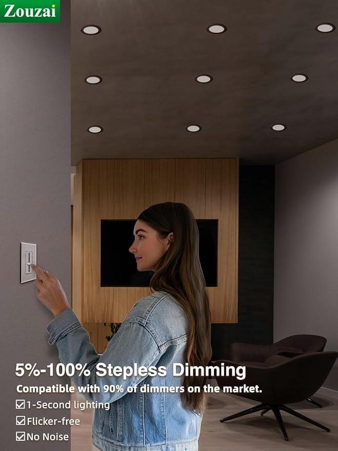 zouzai 4 Inch Black 5CCT Reset Ultra-Thin LED Recessed Ceiling Light with Junction Box, 2700K/3000K/3500K/4000K/5000K Selectable, 9W, Dimmable-ETL and Energy Star Certified【6 Pack 】