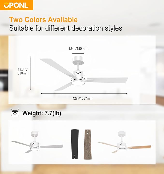 42" White Ceiling Fan with Light, Remote Control, Downrod Mount, Noiseless, Reversible, 6CCT, Dimmable, 6 Speeds, Timeable, Ceiling Fan with Remote Control for Bedroom, indoor/outdoor