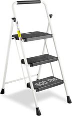 3 Step Ladder, Folding Step Stool 500 Lbs Capacity for Adults & Kids, Heavy Duty Steel Sturdy Step Ladder with Non Slip Wide Pedals, Space Saving Step Stool for Home Kitchen Office, White