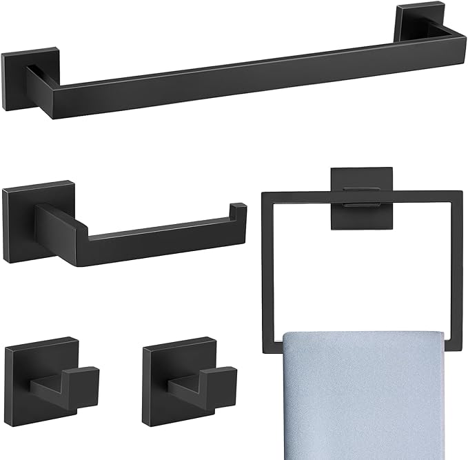 Matte Black 5 Pieces Bathroom Hardware Accessories Set Towel Bar Set Towel Holder Racks Set for Bathroom,SUS304 Stainless Steel,Wall Mounted 16-Inch Towel Bar