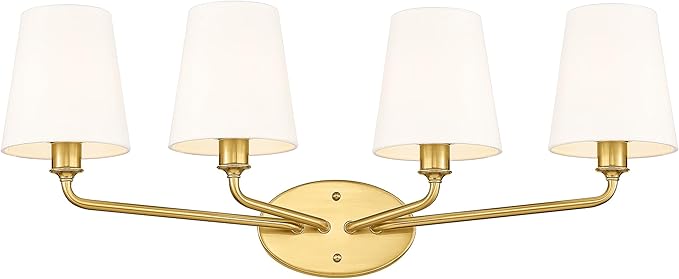 Emak 29 Inch Bathroom Lighting Fixtures Over Mirror, 4-Light Bathroom Vanity Light Wall Sconce with Flared White Fabric Shade, Brushed Gold Vanity Lights for Bathroom, Mirror, VL132-BGD-WF-4