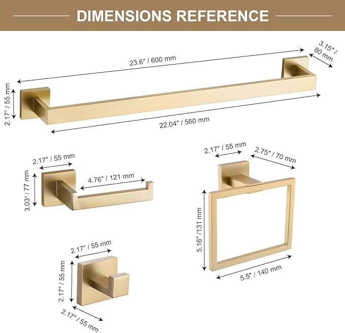 TQKAG 6-Piece Bathroom Towel Bar Sets Brushed Gold 23.6 inch Towel Bar Stainless Steel Towel Ring Coat Hook and Toilet Paper Holder Bathroom Hardware Set Wall Mounted Bathroom Accessories Kit