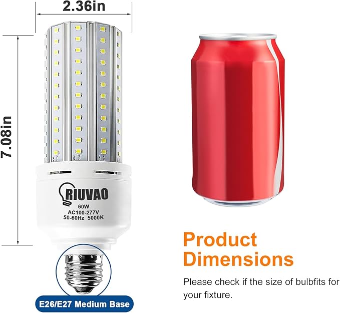 2 Pack 60W LED Corn Light Bulb 500W Equivalent Bulb 7500 Lumen 5000K Cool Daylight White E26/E27 Medium Base for Outdoor Indoor Large Area Garage Warehouse Factory Backyard