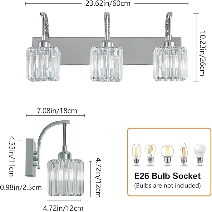 Crystal Vanity Lights 3-Light Chrome Bathroom Vanity Lights Modern Crystal Bathroom Light Fixtures Over Mirror 23.62" Long Vanity Light for Bathroom