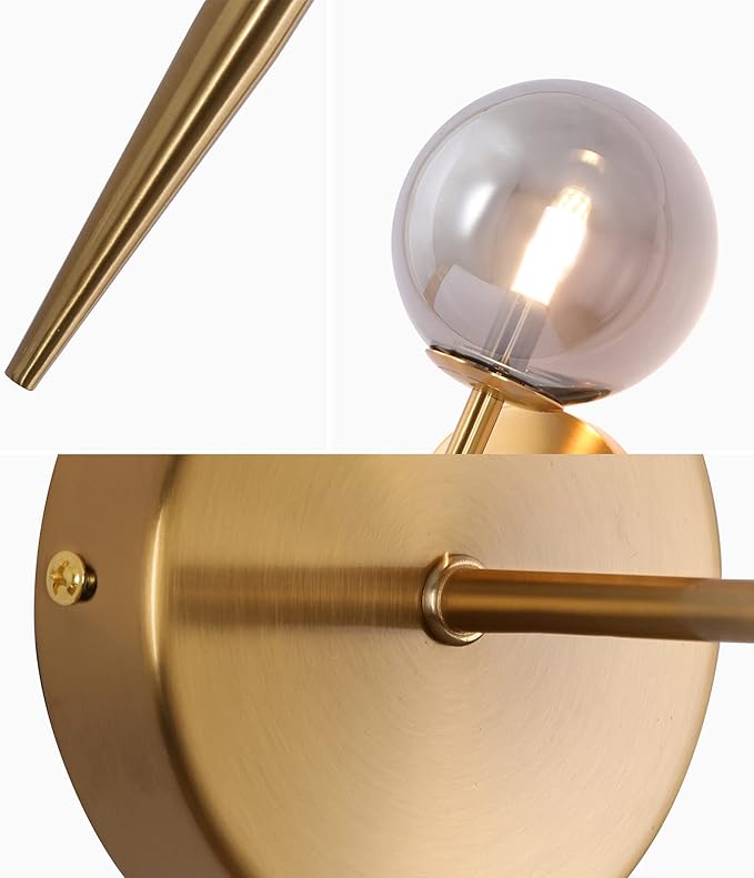 SeeU Gold Wall Sconces Mid Century Style Set of 2,Brass Wall Lamp Fixture,Vanity Light Fixture Wall Lamp with Grey Globe