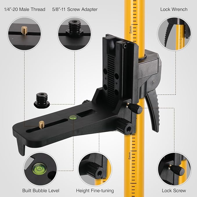 12Ft/3.7M Professional Telescoping Laser Level Pole with Tripod & Universal Mount - 1/4”-20 & 5/8”-11 Adapters | Adjustable Laser Pole Mount for Rotary/Line Lasers(Yellow)