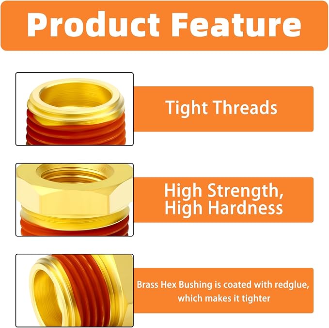 GASHER 10Pcs Brass Reducer Hex Bushing 1/2" NPT Male x 1/4" NPT Female, Brass Threaded Pipe Fitting With Sealant