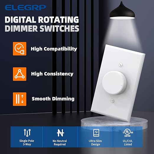 ELEGRP Digital Rotating Dimmer Switch for Dimmable LED, CFL and Incandescent Light Lamp Bulbs, Single Pole / 3-Way Rotary Dimmer Switch, Wall Plate Included, UL Listed (1 Pack, Matte White)