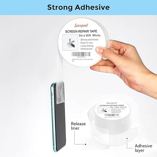 White Window Screen Repair Tape, 2 in X 30 FT (360IN) Kit for Windows or Doors, Strong Adhesive Patch Fiberglass Mesh Repair