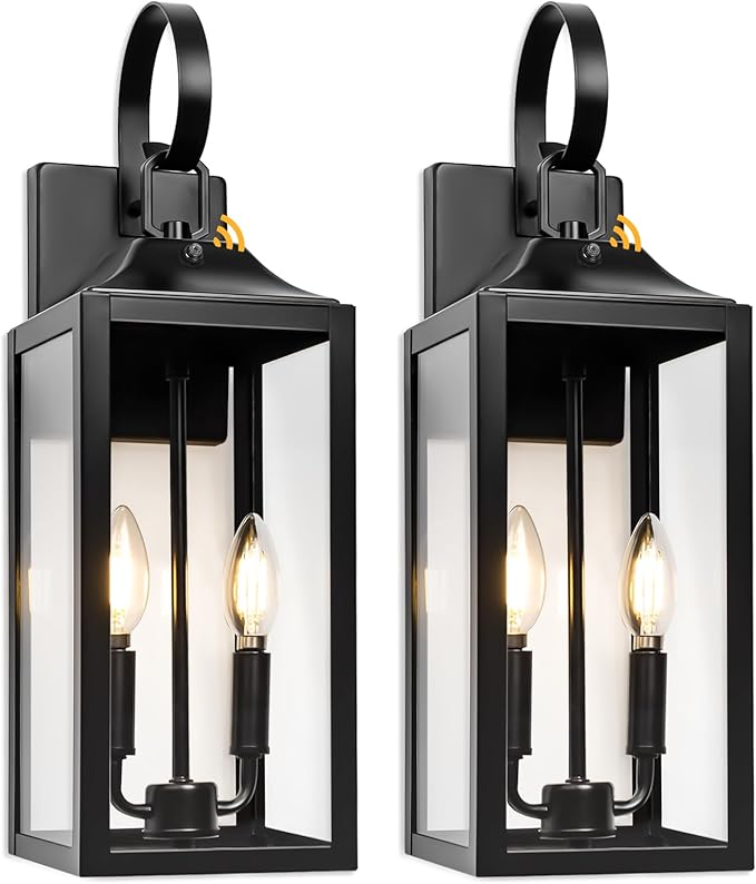 Black Dusk to Dawn Outdoor Wall Lantern 2-Light, 19" Large Outside Modern Wall Sconce Light Fixture, Industrial Porch Light Wall Mount with Glass, Waterproof Farmhouse Exterior Lamp Lighting, 2 Pack