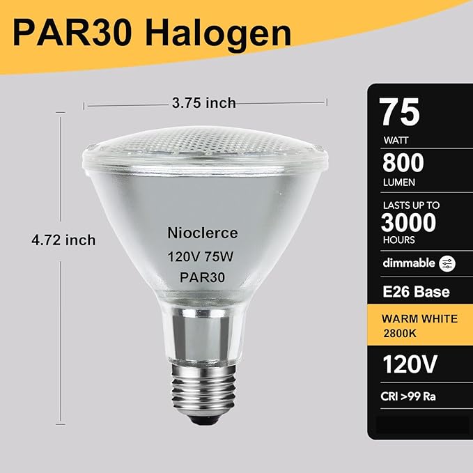 Halogen PAR30 Long Neck 75W 120V 800LM, 6 Pack High Output Halogen PAR30 Dimmable 2800K Warm White with E26 Base, Long Lifespan Long Neck Flood Light Bulb with CRI100 for Recessed Lighting
