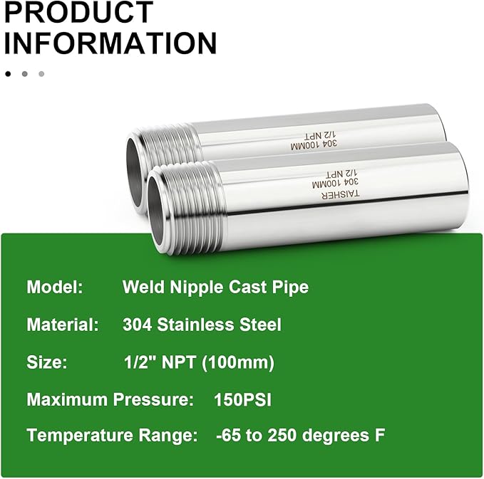 TAISHER 2PCS 304 Stainless Steel Pipe Fittings, 1/2" NPT Male Threaded, 4" Length Weld Nipple Cast Pipe