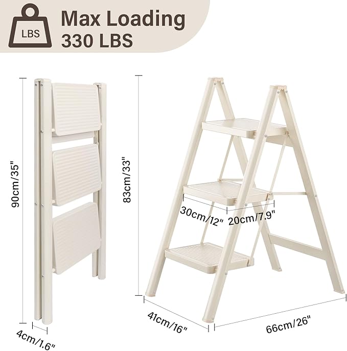 3 Step Ladder, Step Stool for Adults, Protable Carbon Steel Folding Stool with Wide Anti-Slip Wide Pedals, 330lbs Sturdy Steel Ladder for Household and Kitchen