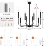 Qamra Farmhouse Black Chandelier for Dining Room, 8-Light Modern Candle Chandelier Light Fixture, Rustic Industrial Hanging Chandeliers Lighting for Living Room, Kitchen, Staircase, Entryway, Foyer