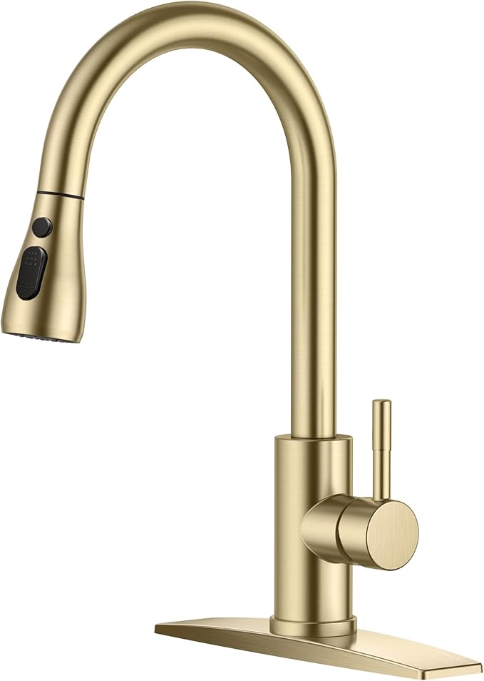 FORIOUS Gold Kitchen Faucet with Pull Down Sprayer, High Arc Single Handle Classic Stainless Steel Sink Faucet 1 or 3 Hole, Suitable for Farmhouse Camper Laundry Rv Bar