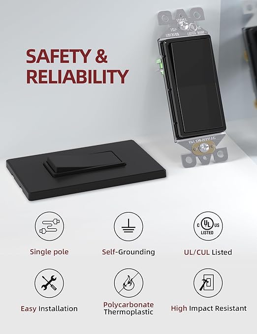 AIDA Matte Black Single Pole Decorator Light Switch, 15Amp, 120/277V, Decorative Paddle Rocker Switch Replacement, Electrical Wall Switch,Residential/Commercial Grade, UL/CUL (20 Pack)