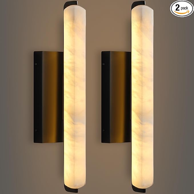 Alabaster Wall Sconces Set of Two, 15in Black Alabaster Sconce, Modern Spanish Natural Marble Sconces Lights, Rectangle Sconces for Bathroom Vanity Bedroom Living Room Staircases Hallway