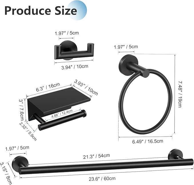 TNOMS 5 Pieces Towel Bar Set Matte Black Bathroom Hardware Set Upgraded Toilet Paper Holder with Shelf Towel Rail Set for Bathroom Stainless Steel Wall Mounted 23.6 Inch
