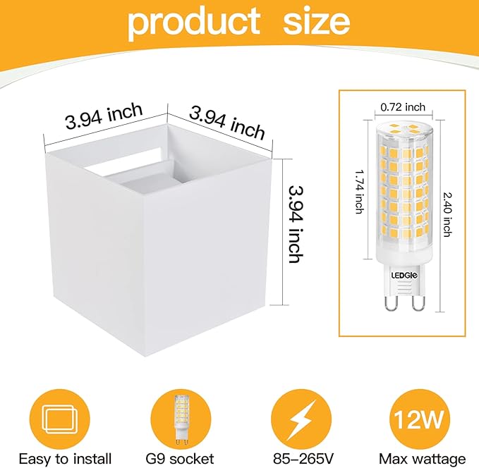 2 Pack Outdoor Wall Lights Exterior/Interior Wall Sconces Up and Down Lights IP65 Waterproof G9 Base Socket Modern Outdoor Lighting Square Aluminum White 4000K Natural Lights, Adjustable Light Angle