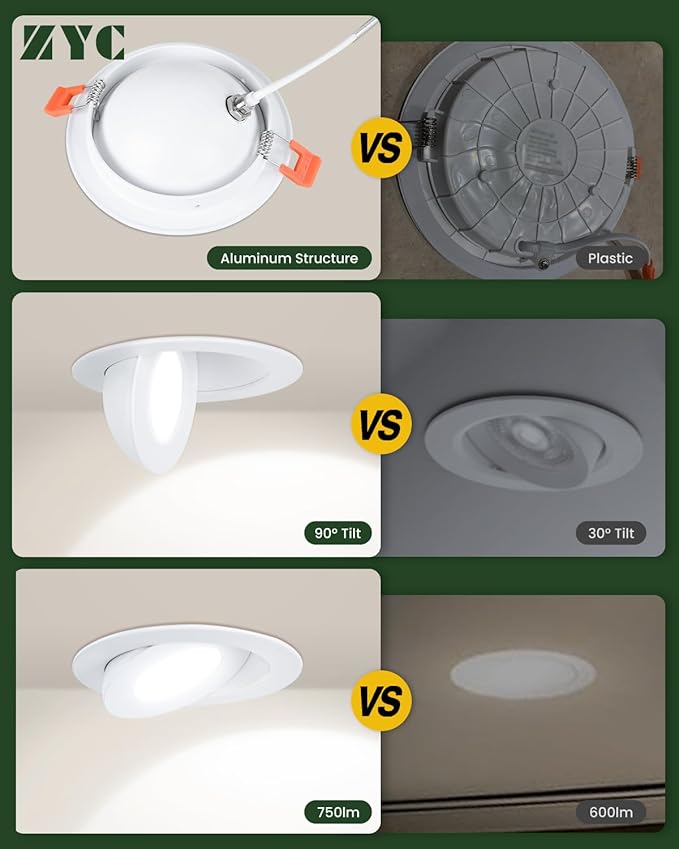 ZYC Black LED Recessed Light: 4 inch Gimbal LED Recessed Lighting Swivel Downlight 9W 800LM 360° Rotation,Directional Adjustable Eyeball Soffit Light,Swivel Ceiling Spotlight,Pack of 10 Black.
