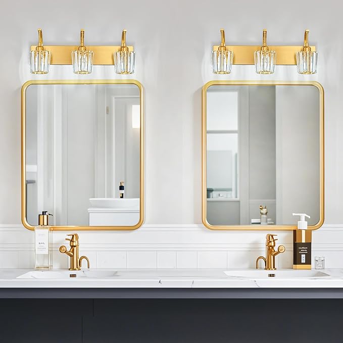 Modern Bathroom Vanity Light, 3-Light Gold Wall Sconce with Crystal Accents, Over Mirror Bathroom Lighting Fixture, 23.62" Long Dimmable Vanity Lamp for Makeup, Easy Installation
