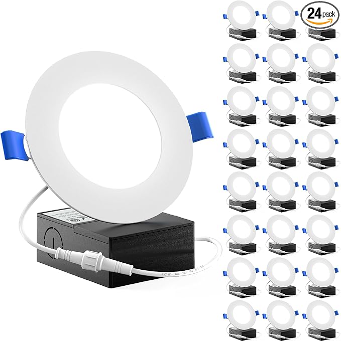 Sunco 24 Pack 4 Inch LED Recessed Lights, Slim Canless Ceiling Lighting, 650 LM, 10W (60W Equivalent), 3000K Warm White, Dimmable, Wafer Thin, Ultra Thin with Junction Box ETL.
