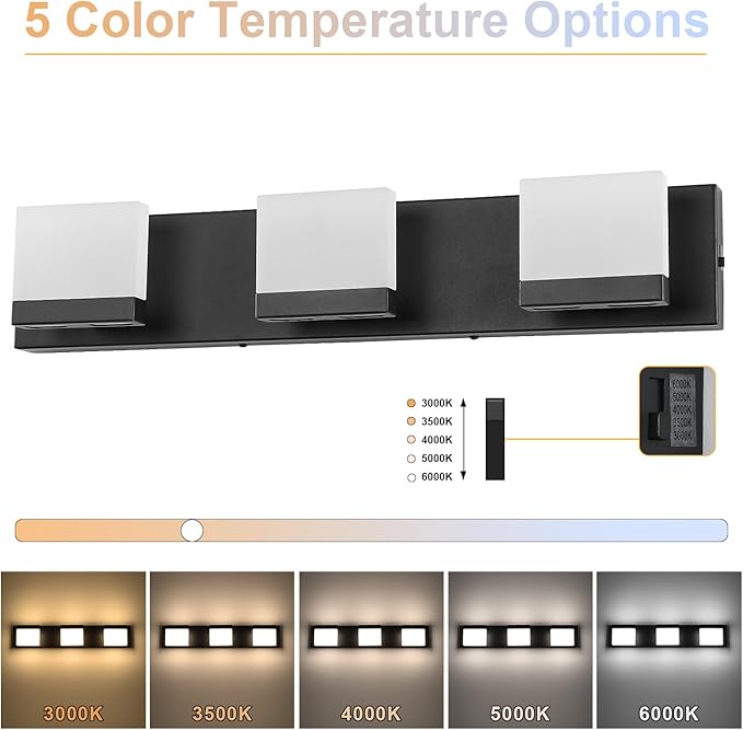 SineRise LED Modern Bathroom Vanity Light Fixtures (3-Light, 24-Inch, 5CCT), Matte Black Modern Acrylic Bathroom Wall Lighting Fixtures Over Mirror (3000K/3500K/4000K/5000K/6000K)