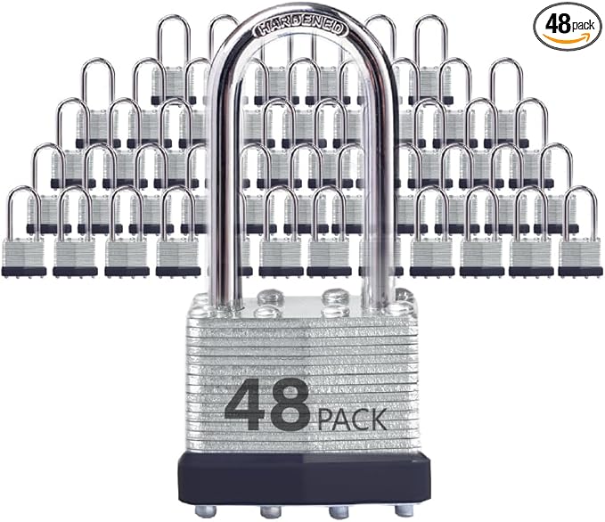 Keyed Alike Laminated Steel Padlocks with Long Shackle for Sheds, Fences & Lockers (48-Pack)