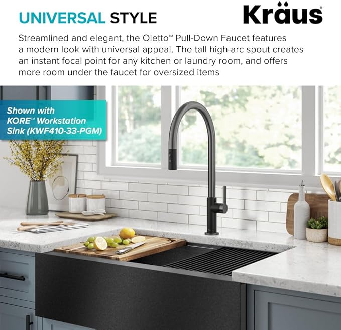KRAUS Oletto High-Arc Single Handle Pull-Down Kitchen Faucet in Matte Black/Spot Free Black Stainless Steel, KPF-2821MBSFSB
