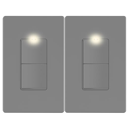 LIDER Matte Finish Lighted Double Switch with Screwless Wall Plate, Combination Frameless Decorator Switch with Locator Light, Ground Terminal Single Pole, 15A 120V, UL Listed, Gray, 2 Pack