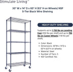 30"x14"x60" PRIME HEAVY DUTY Black 5-Tier Wire Shelving 1,750 LBS MAX Capacity Storage Rack for Commercial, School, Home, Garage, Warehouse, Industrial, and Hospital Uses (with Wheels)