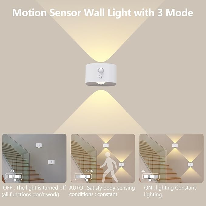 UP&Down Light Source Wall Sconces with Motion Sensor, Cordless LED Wall Night Lights 360°Rotate & Rechargeable Battery Operated, 3 Brightness, Indoor Motion Detection Wall Lamps for Pic Corridor-White