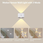 UP&Down Light Source Wall Sconces with Motion Sensor, Cordless LED Wall Night Lights 360°Rotate & Rechargeable Battery Operated, 3 Brightness, Indoor Motion Detection Wall Lamps for Pic Corridor-White
