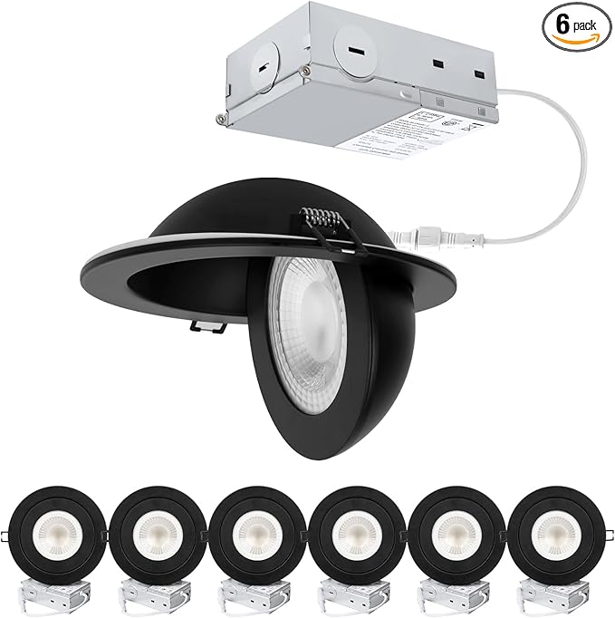 Recessed Lighting 6 inch - 12W Gimbal Light Eyeball Sloped Ceiling Recessed Spotlight 1300lm Black Trim 90° Tilt Swivel Soffit Wafer Lights 5CCT Adjustable Indoor Dimmable Black 6 inch 6 Pack